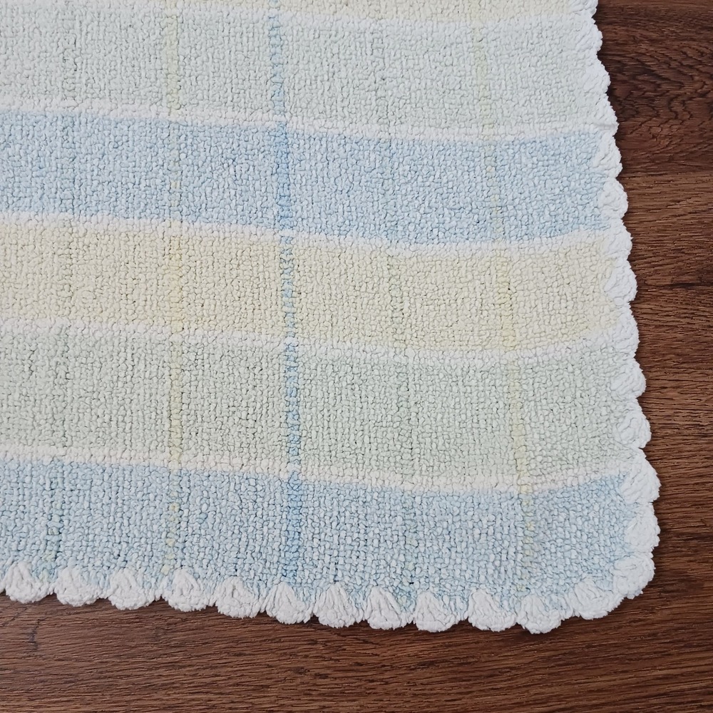 Koala Baby Blue Yellow White Striped Chenille Blanket Scalloped Edge 30x40